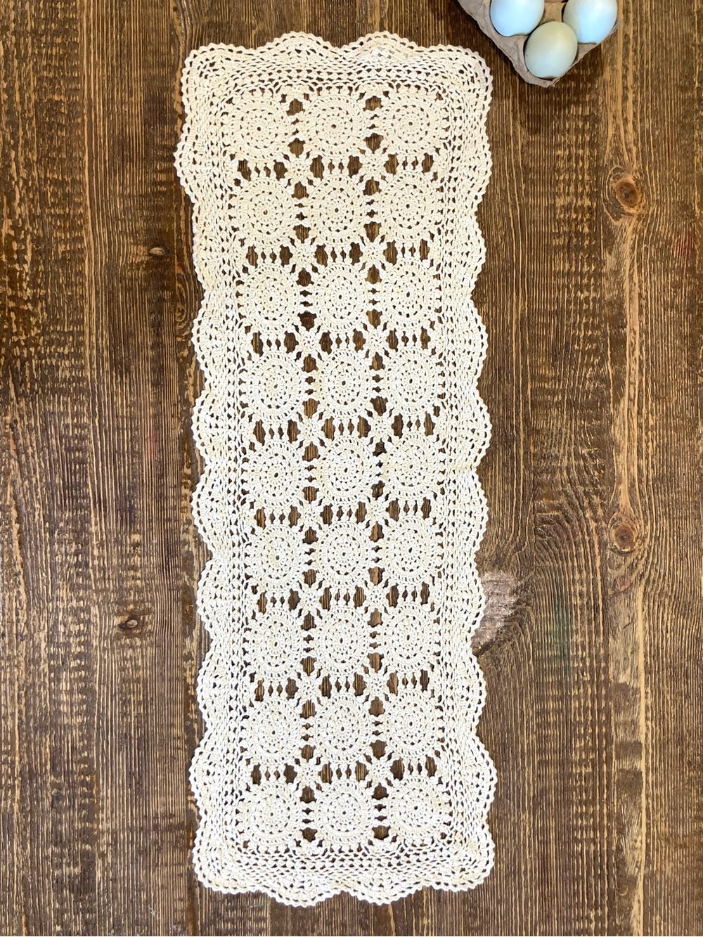Hand Crochet Rectangle Doily 100% Cotton Made in China Cream Colored 30.5” Long